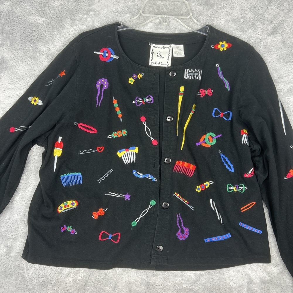 Michael Simon Lite Cardigan Women's XL Black Embroidered Vintage Hair Bobbles